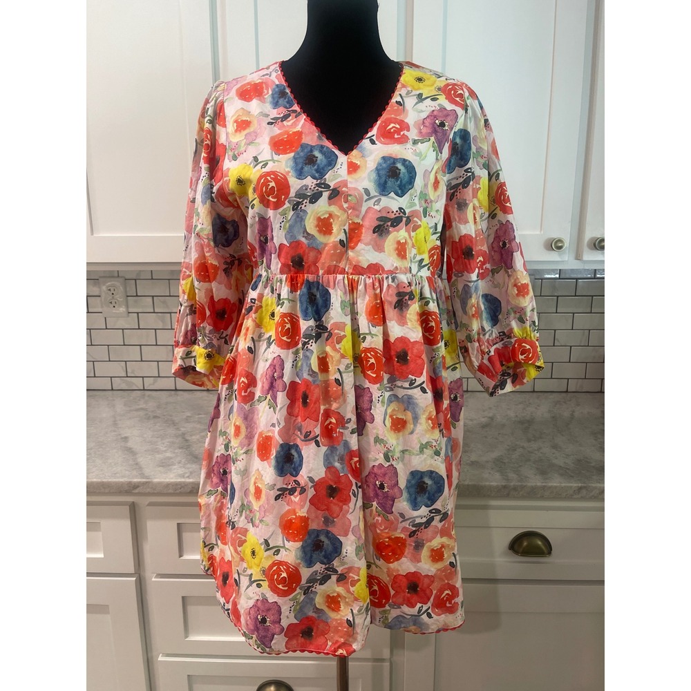 Jodifl Dress Womens Medium Pink Floral V-Neck Ric-Rac Trim Babydoll Mini